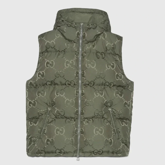 AUTHENTIC GUCCI JUMBO GG monogram CANVAS DOWN VEST green men’s hood puffer gilet - Picture 2 of 10